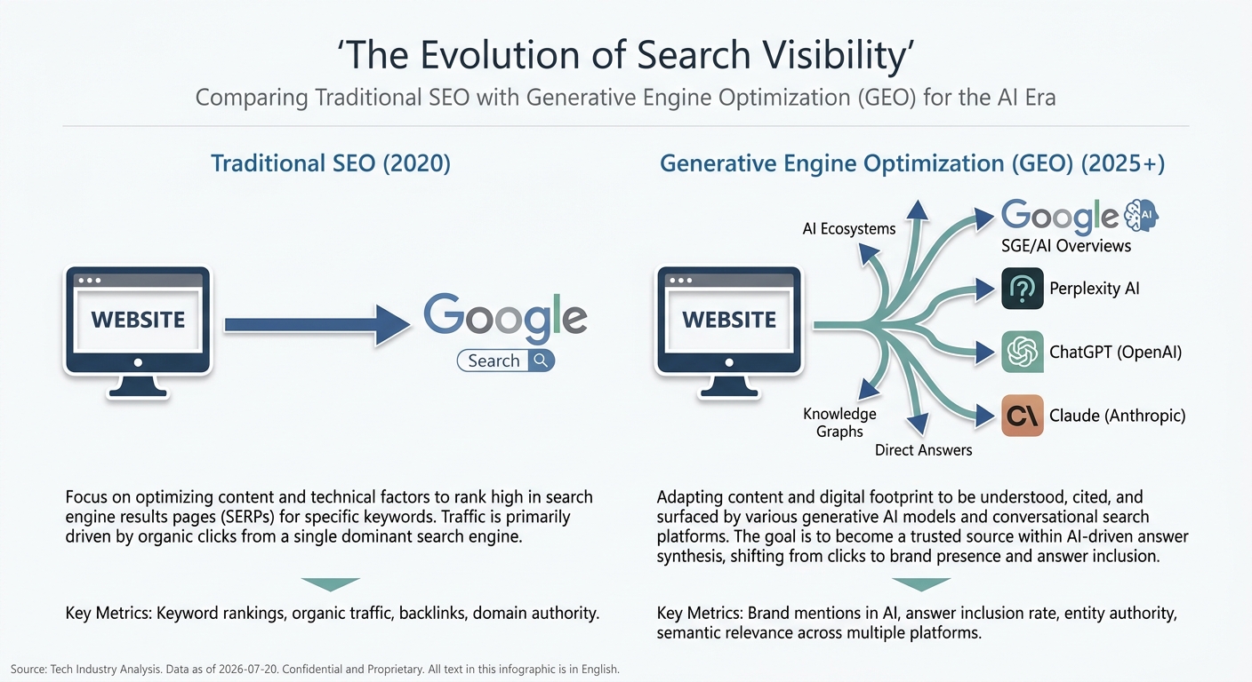 Infographic comparing Traditional SEO, which targets only Google, to Generative Engine Optimization (GEO), which targets multiple AI engines.