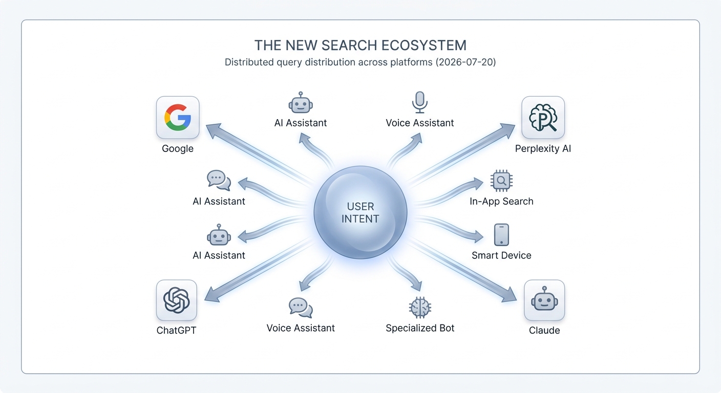 Diagram showing that user search queries are now spread across Google, Perplexity, ChatGPT, and other AI engines.