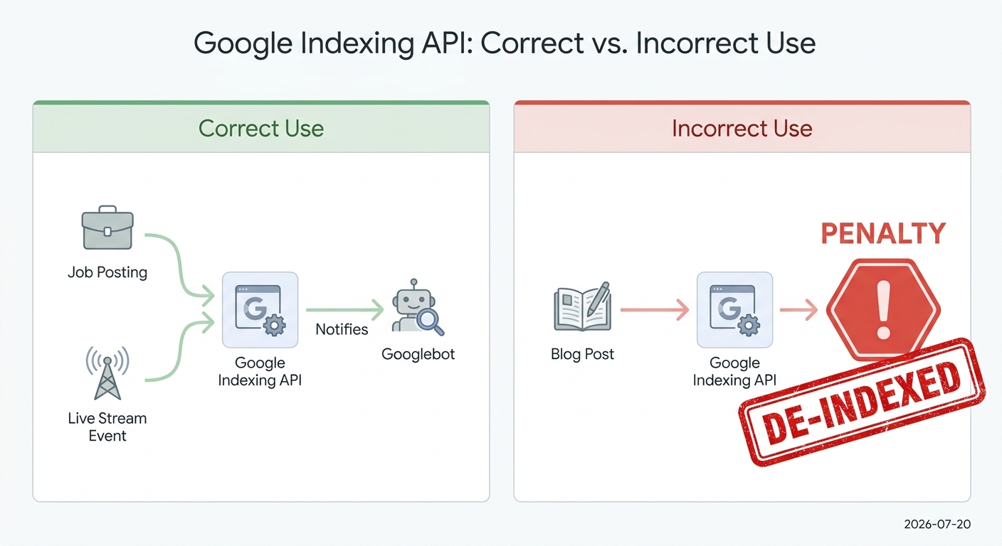 Comparison showing the correct use of the Google Indexing API for jobs and events versus the incorrect, penalized use for blog posts.