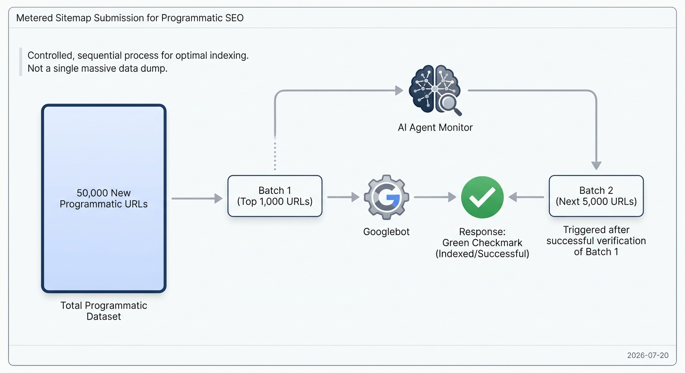 Diagram showing how AI-assisted indexing breaks a large number of URLs into smaller, tiered sitemaps for submission to Googlebot.