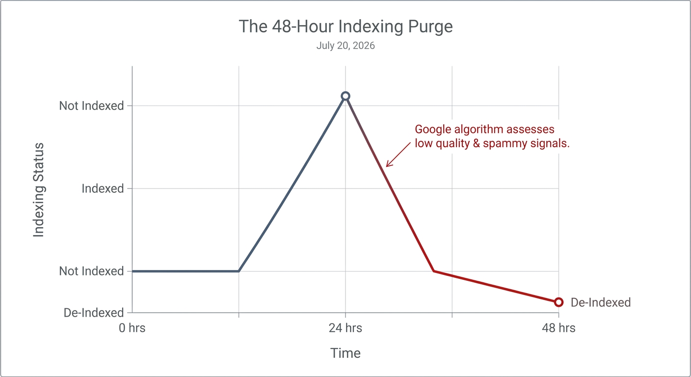 Chart showing a URL getting indexed temporarily via a spammy tool and then getting de-indexed within 48 hours.