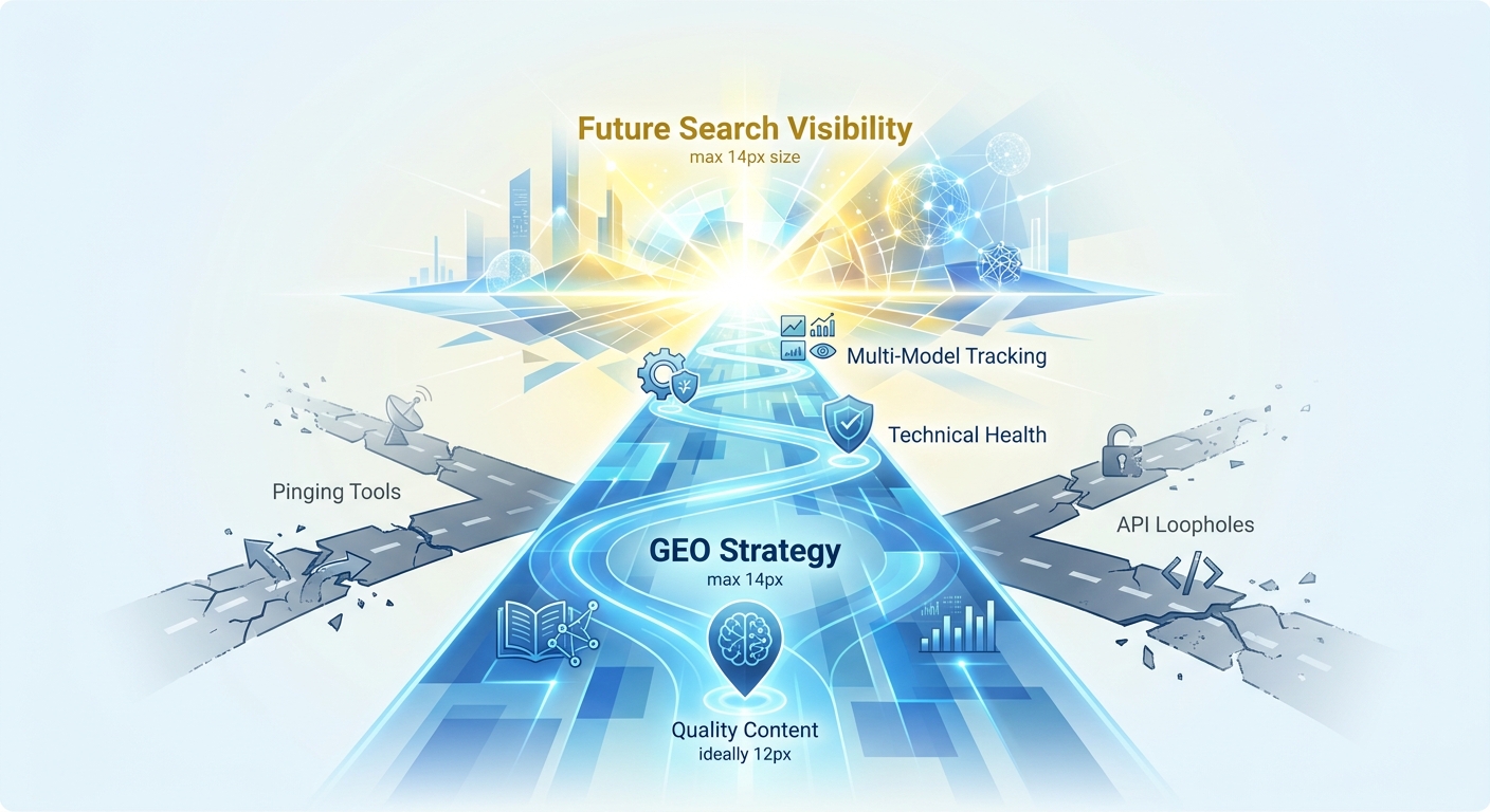 Illustration showing the path of Generative Engine Optimization leading to future search visibility, while outdated tactics fall away.