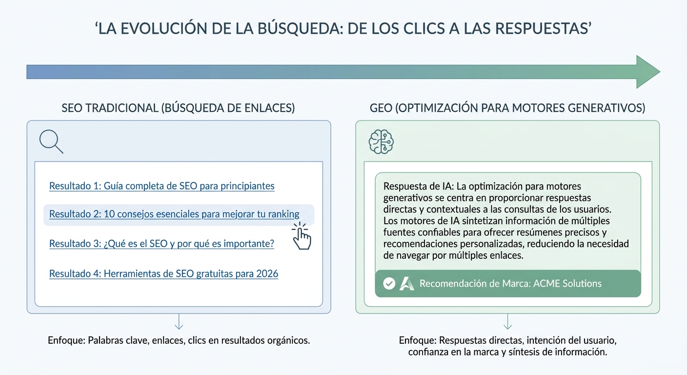 Diagrama que compara el SEO tradicional (listas de enlaces) con el GEO (ser la recomendación en una respuesta de IA).