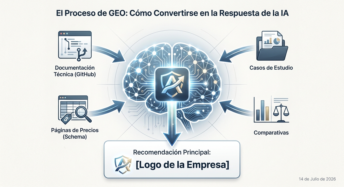 Explicación visual de la Optimización para Motores Generativos (GEO), mostrando cómo diferentes fuentes de datos alimentan a una IA para que recomiende una marca.