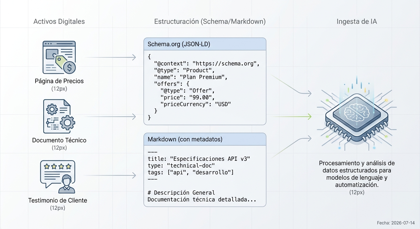Diagrama que muestra la conversión de páginas de producto y documentos en datos estructurados para la IA.