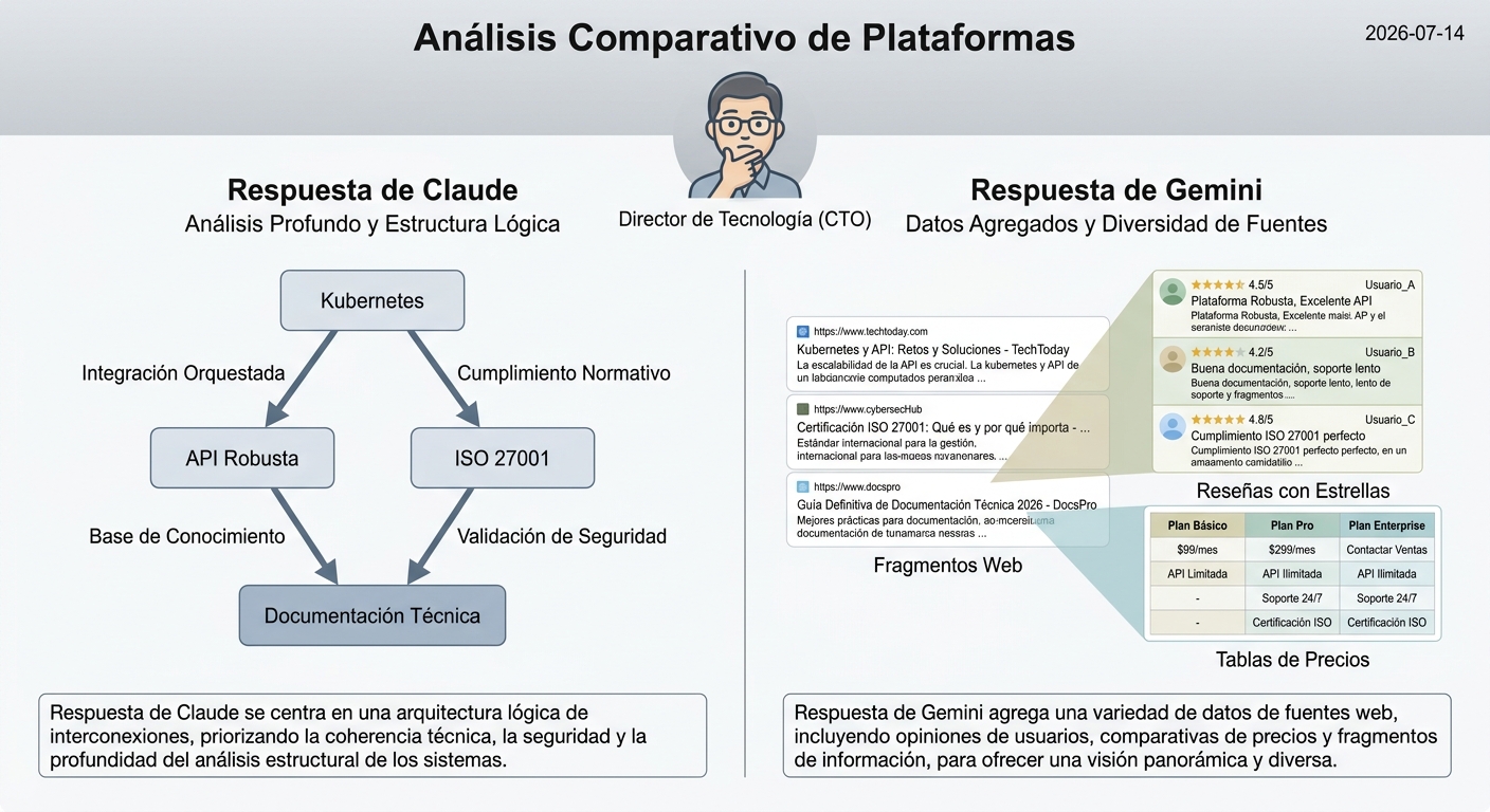 Escenario comparativo de respuestas de IA: Claude ofrece un análisis lógico y Gemini una agregación de datos web.