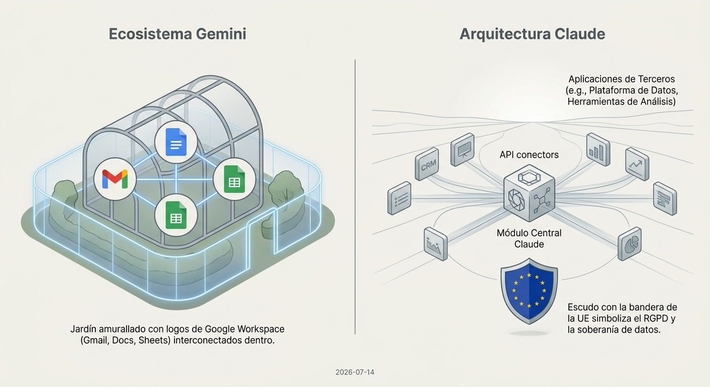 Comparación visual del ecosistema cerrado de Google Gemini frente a la arquitectura abierta y compatible con RGPD de Claude.