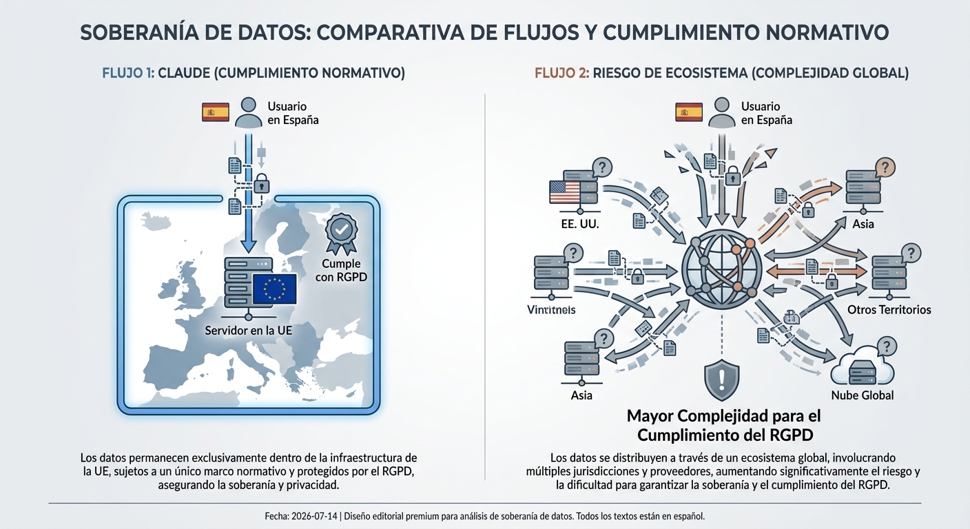 Diagrama de flujo de datos que compara el procesamiento de datos dentro de la UE (Claude) con un ecosistema global, en el contexto del RGPD.