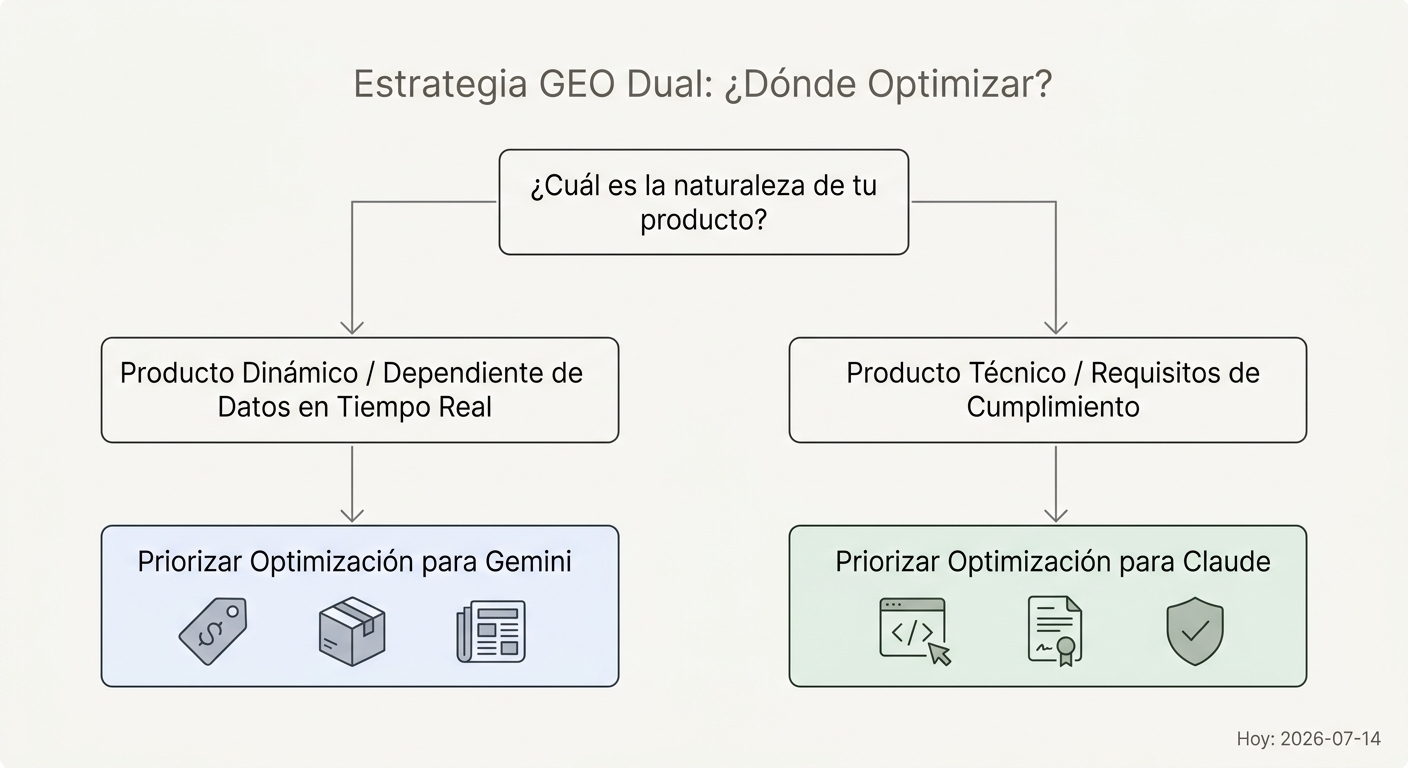 Diagrama de flujo que guía la decisión de optimizar para Gemini (productos dinámicos) o Claude (productos técnicos).