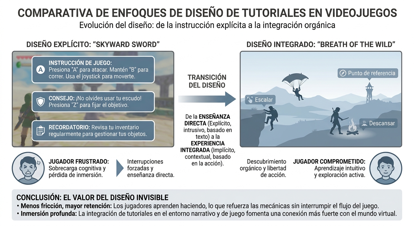 Infografía comparativa del diseño de tutoriales entre Skyward Sword y Breath of the Wild.