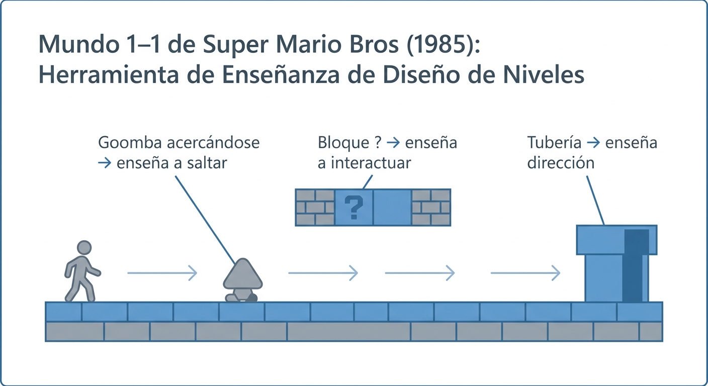 Diagrama del nivel World 1-1 de Super Mario Bros como ejemplo de diseño de tutorial invisible