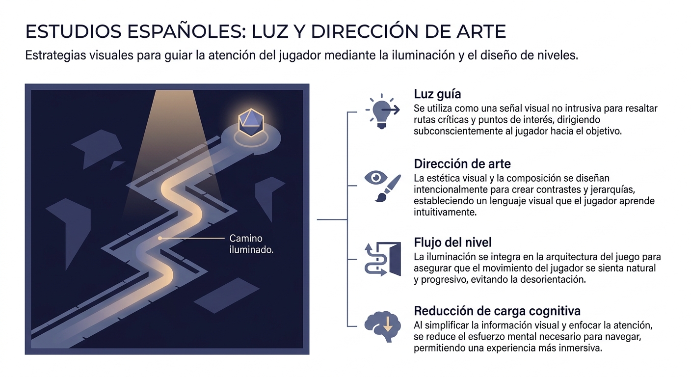 Infografía sobre cómo estudios españoles usan luz y dirección de arte como tutorial invisible