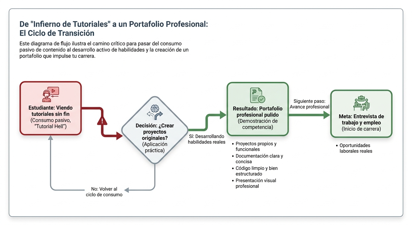 Diagrama de flujo sobre la transición del infierno de los tutoriales al portfolio profesional.