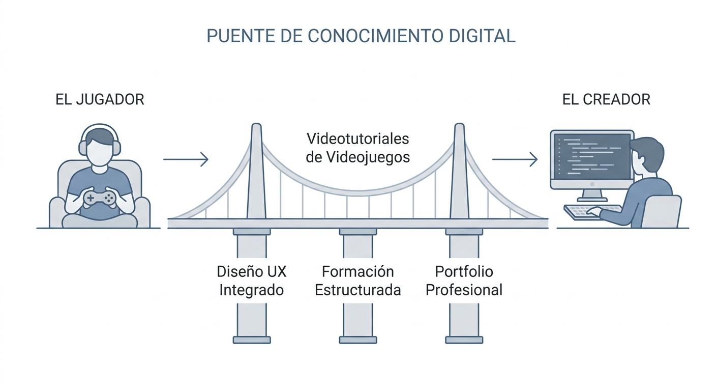 Infografía metafórica del puente entre jugador y creador mediante videotutoriales.
