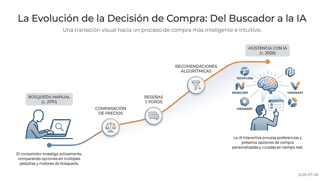 Diagrama que muestra la evolución del consumidor desde la búsqueda tradicional en internet hacia el uso de asistentes de IA para tomar decisiones de compra.