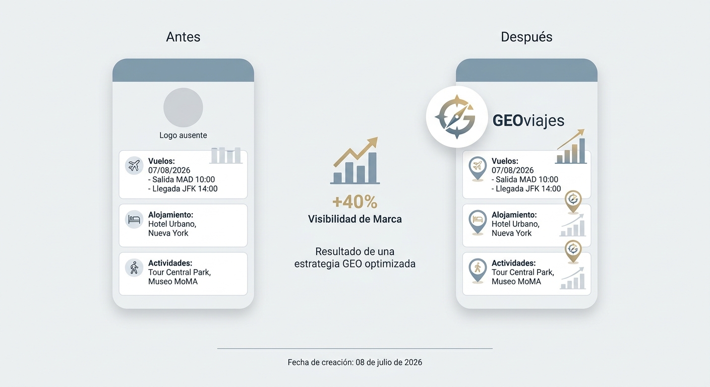 Estudio de caso que muestra un aumento del 40% en la visibilidad de una marca de viajes en itinerarios generados por IA después de implementar una estrategia GEO.