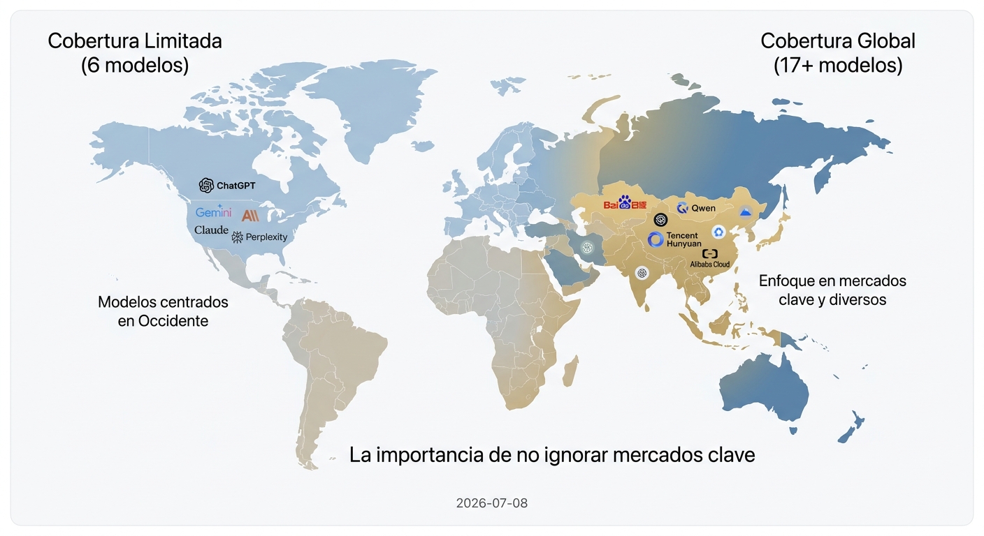 Mapa mundial que compara la cobertura limitada de modelos de IA occidentales con la cobertura global que incluye modelos asiáticos como Baidu y Qwen.