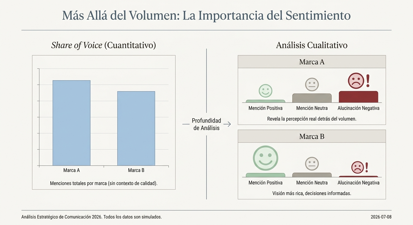 Infografía que explica la diferencia entre el 'Share of Voice' cuantitativo y el análisis de sentimiento cualitativo, que distingue entre menciones positivas, negativas y neutras.