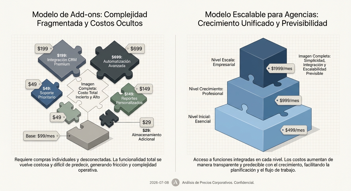 Comparación visual de un modelo de precios por add-ons, que es costoso y complejo, frente a un modelo de precios escalable, que es más simple y predecible para las agencias.