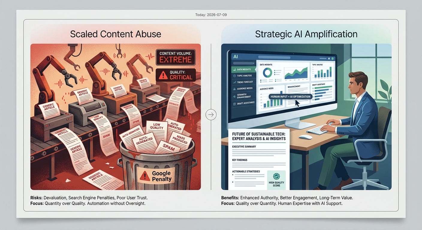 Diagram contrasting Scaled Content Abuse (chaotic, automated, leading to penalties) with Strategic AI Amplification (human-led, quality-focused, successful).