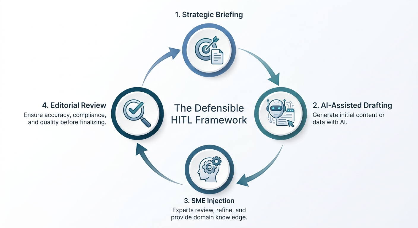 A 4-stage circular diagram of the Human-in-the-Loop workflow: Strategic Briefing, AI-Assisted Drafting, SME Injection, and Editorial Review.