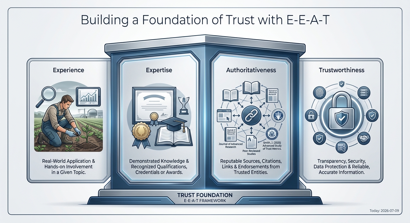 Illustration of the E-E-A-T framework, showing Experience, Expertise, Authoritativeness, and Trustworthiness as foundational pillars of quality content.