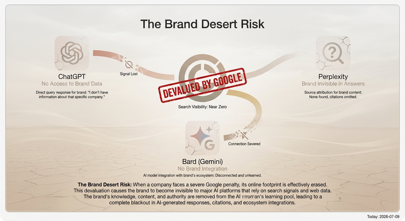 Map showing how a Google penalty creates a 'brand desert', making a company invisible to other AI search engines like ChatGPT and Perplexity.