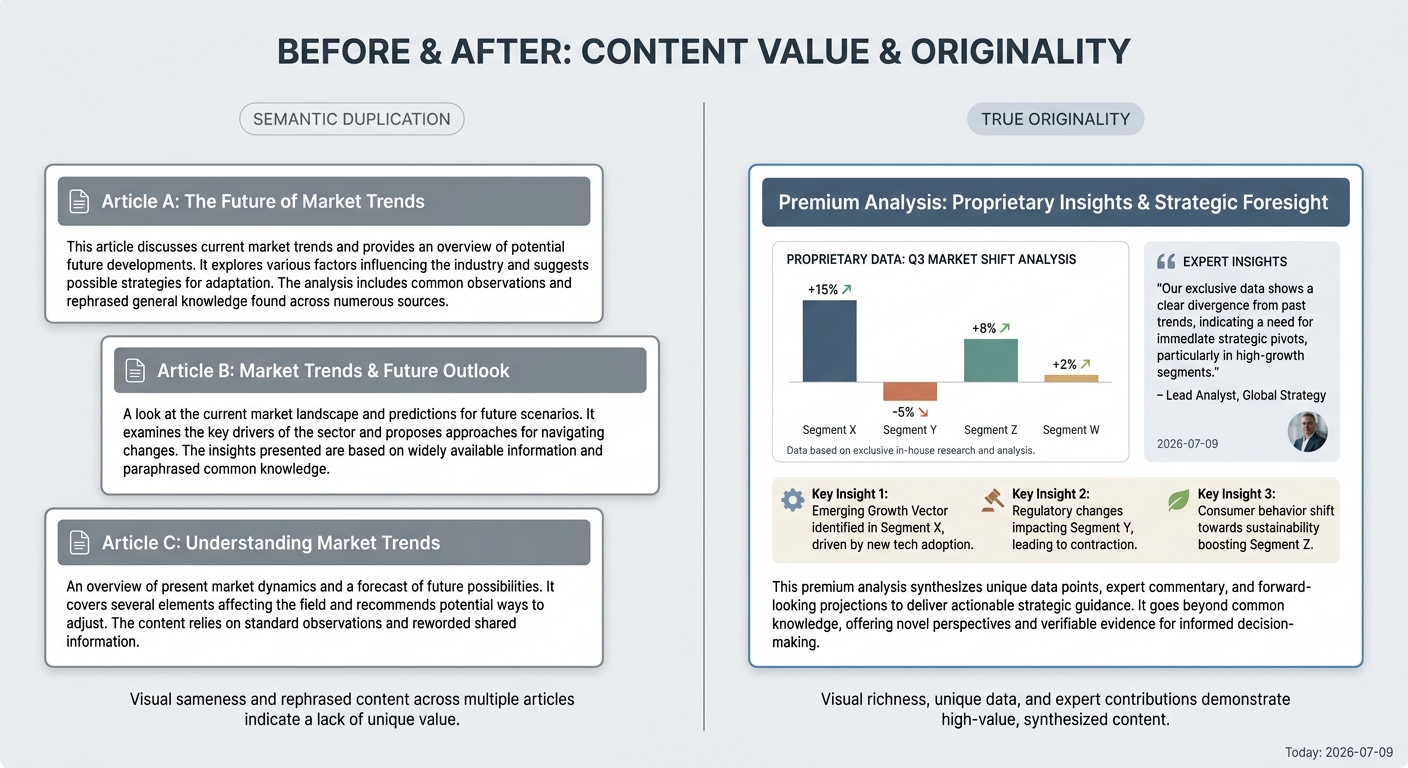 Comparison showing semantic duplication (rewritten but generic content) versus true originality (content with unique data and expert insights).