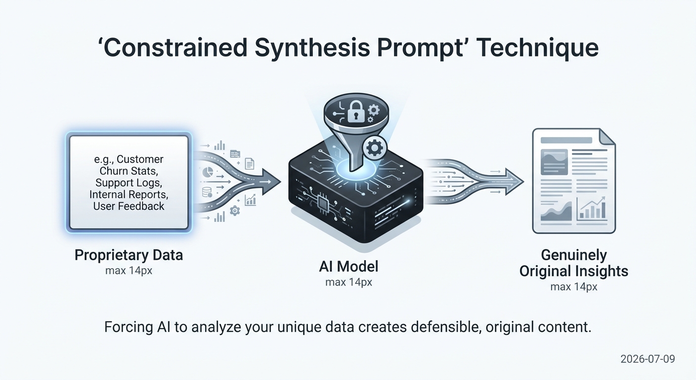 Diagram showing how a constrained synthesis prompt forces an AI to analyze proprietary data to generate original insights, rather than using the public web.