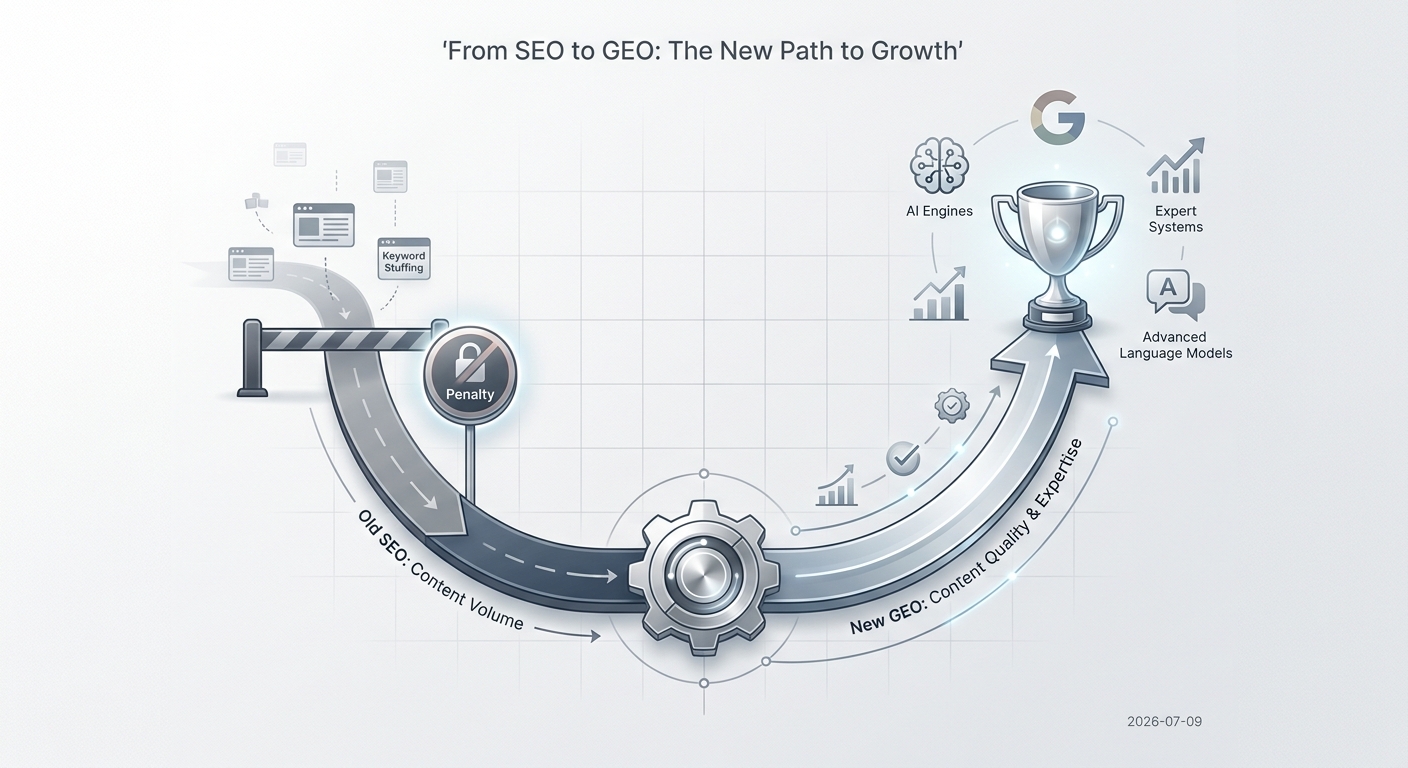 Diagram showing the strategic pivot from volume-based SEO, which leads to penalties, to quality-based Generative Engine Optimization (GEO), which leads to growth.