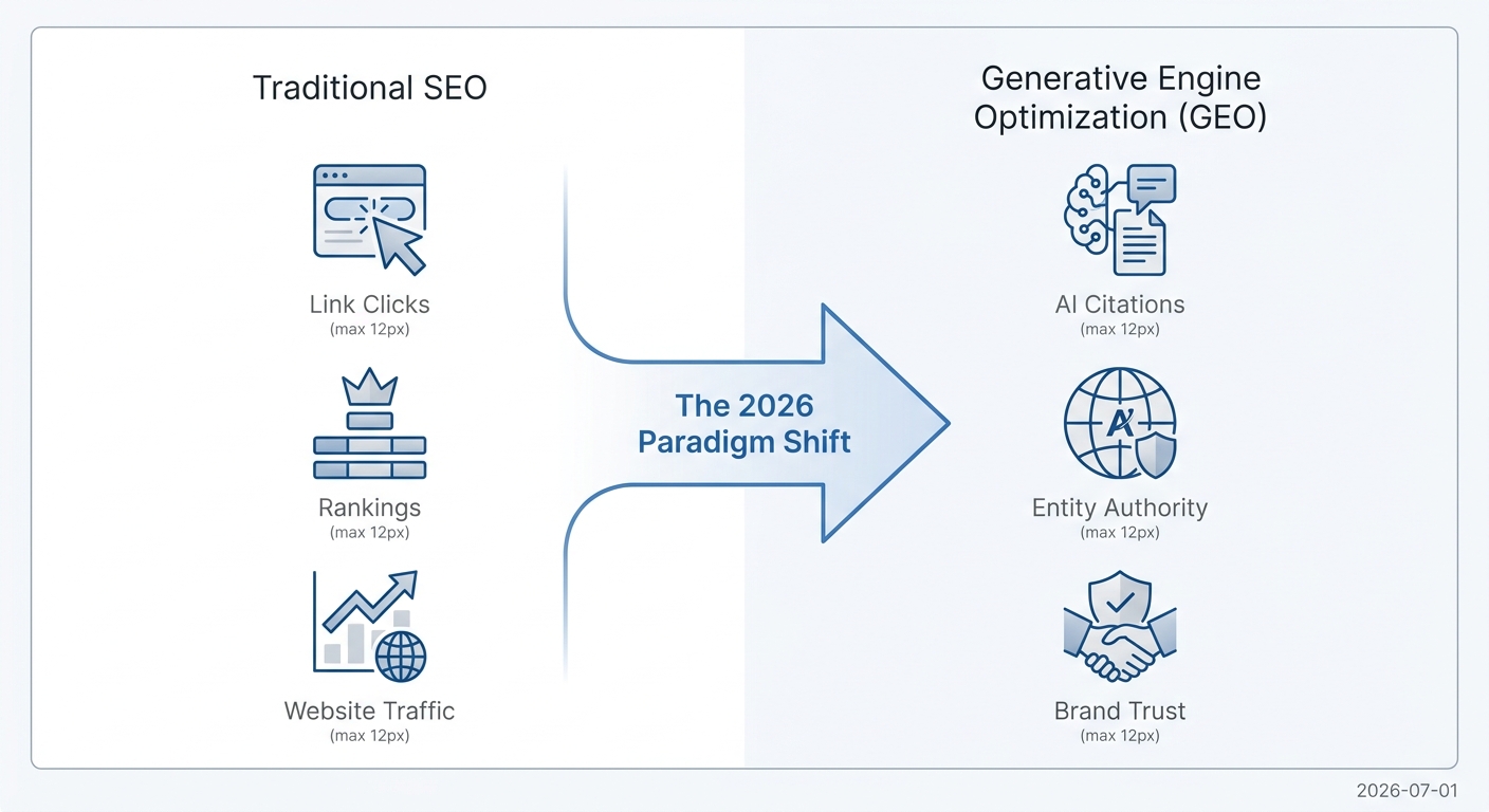 Infographic showing the shift from Traditional SEO's focus on traffic and clicks to Generative Engine Optimization's focus on trust and AI citations.