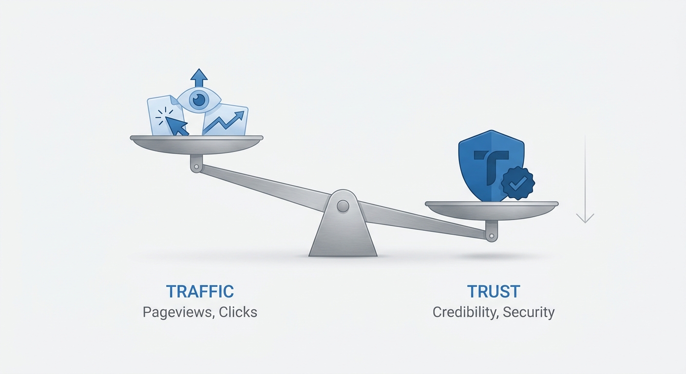 A balance scale tipping heavily towards 'Trust' over 'Traffic', illustrating the core principle of Generative Engine Optimization.