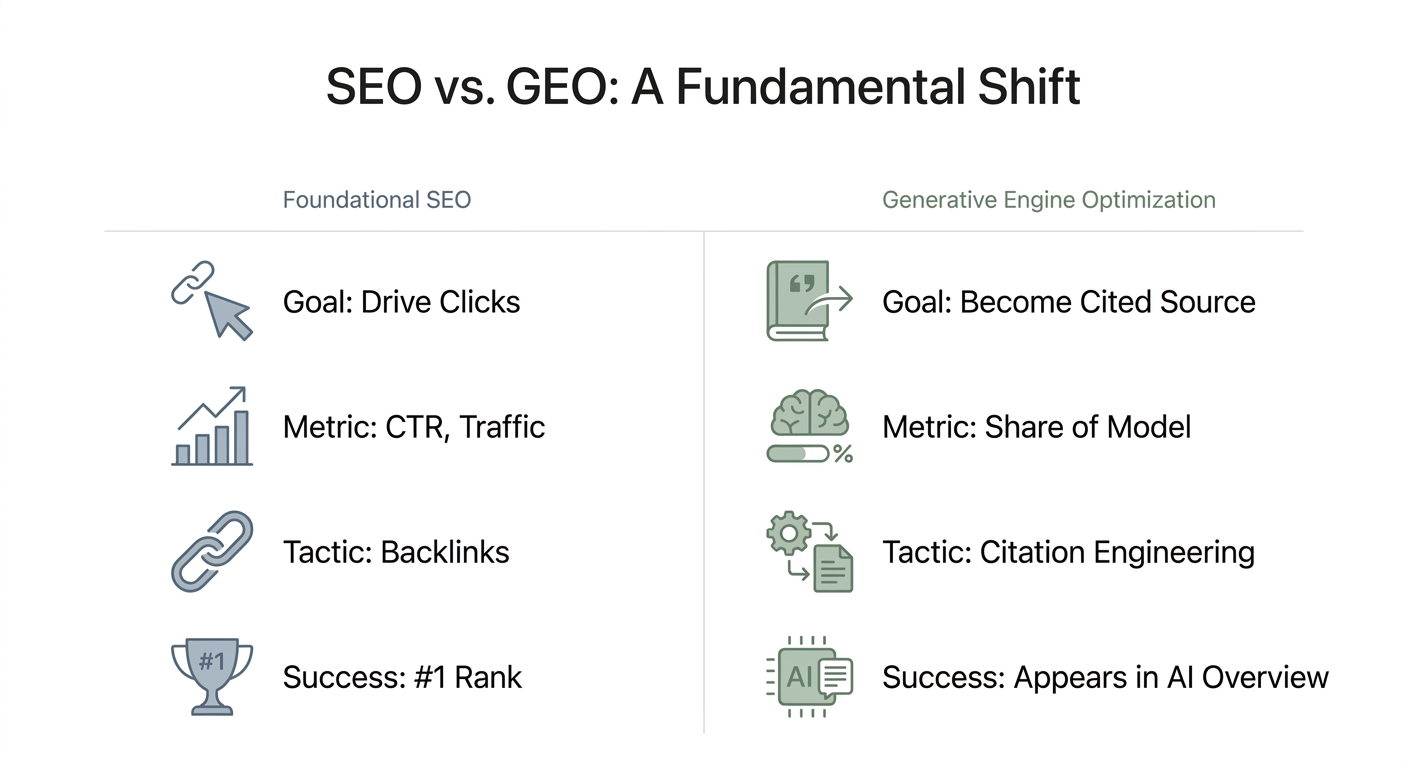 Comparison table outlining the differences between Foundational SEO and Generative Engine Optimization across goals, metrics, tactics, and success signals.