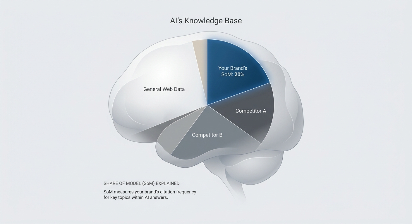 Diagram illustrating the Share of Model metric, showing a brand's percentage of influence within an AI's knowledge base on a given topic.