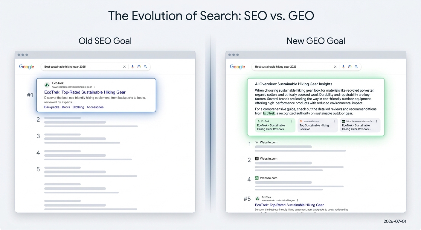 Infographic showing that a #1 ranking doesn't guarantee an AI citation, while a lower-ranked but better-structured page can win the AI feature.