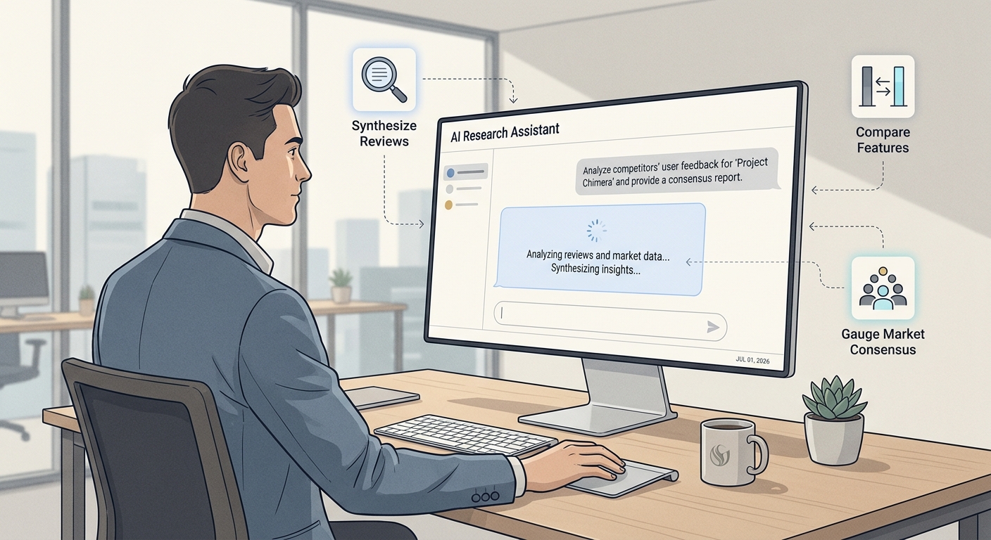 Illustration of a B2B decision-maker using a conversational AI to research vendors by synthesizing reviews and comparing features.