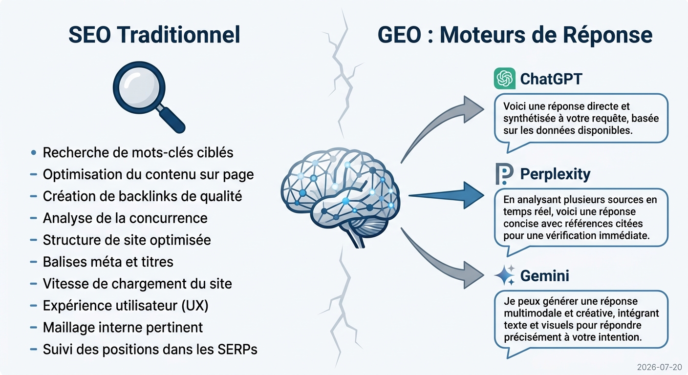 Diagramme montrant la division entre le SEO traditionnel pour Google et le GEO pour les moteurs de réponse IA.