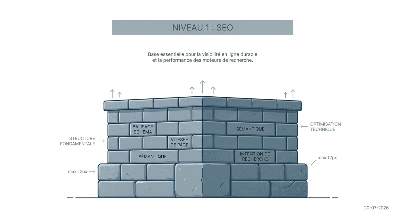 Illustration du Niveau 1 du modèle de visibilité : les fondations du SEO.