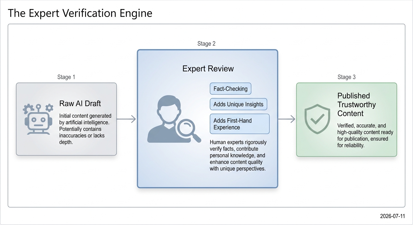 Diagram showing the expert verification process: a raw AI draft is reviewed and enriched by a human expert to create trustworthy published content.