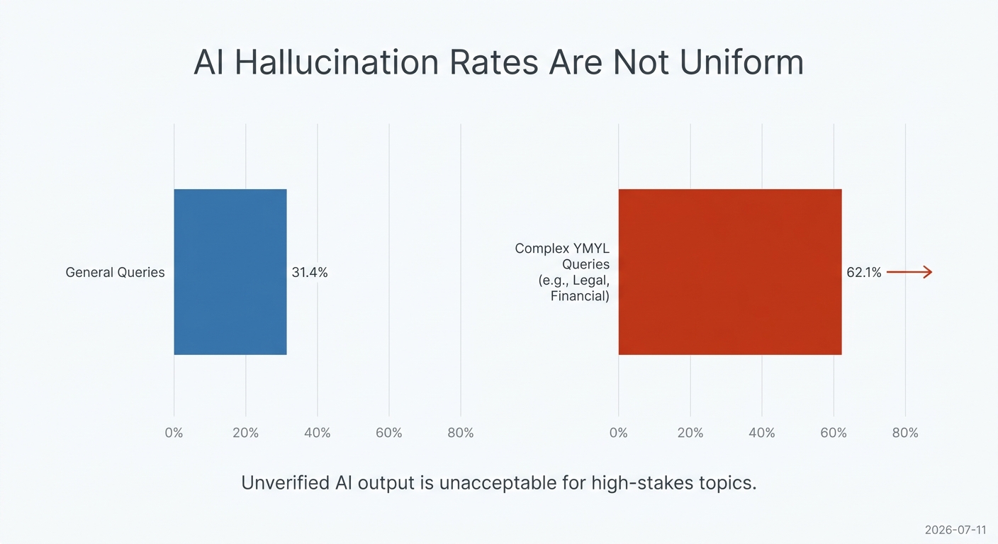 Infographic comparing the 31.4% hallucination rate for general AI queries to the over 60% rate for complex YMYL topics.