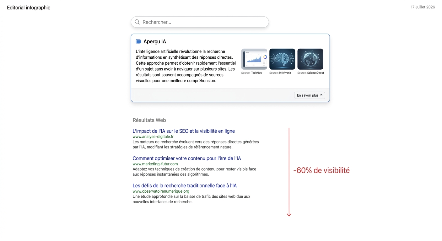 Diagramme montrant comment l'AI Overview de Google pousse les résultats de recherche organiques vers le bas, réduisant leur visibilité.