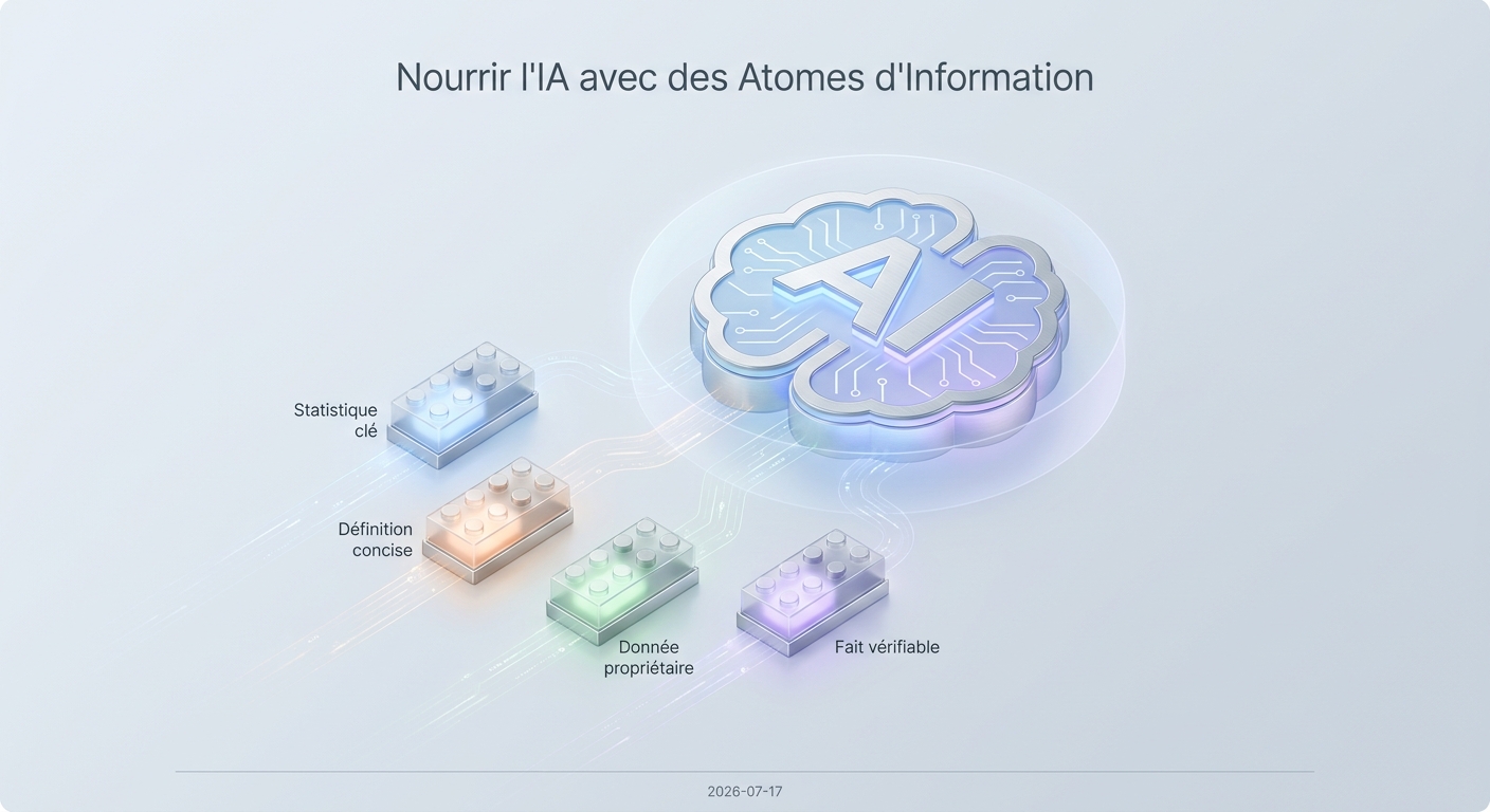 Illustration du concept d'atomes d'information: des blocs de données structurées et factuelles qui alimentent les modèles d'IA pour qu'ils les citent.