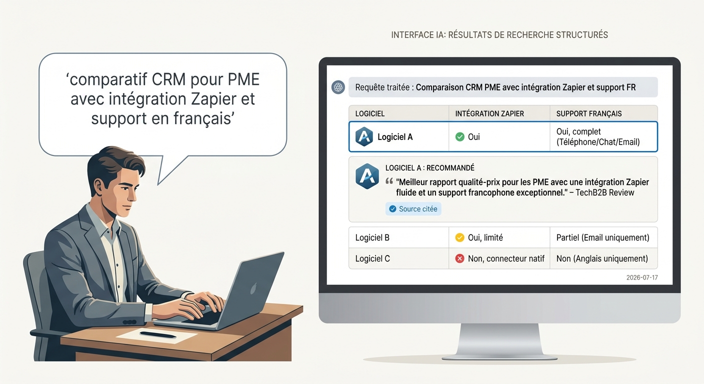 Illustration d'un décideur B2B utilisant une IA pour une requête complexe, montrant comment la réponse de l'IA influence directement la décision d'achat.