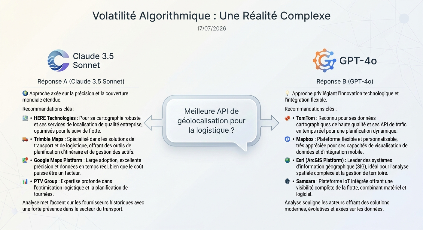 Diagramme montrant comment la même question posée à deux modèles d'IA différents (Claude et GPT-4o) peut produire des réponses différentes, illustrant la volatilité algorithmique.