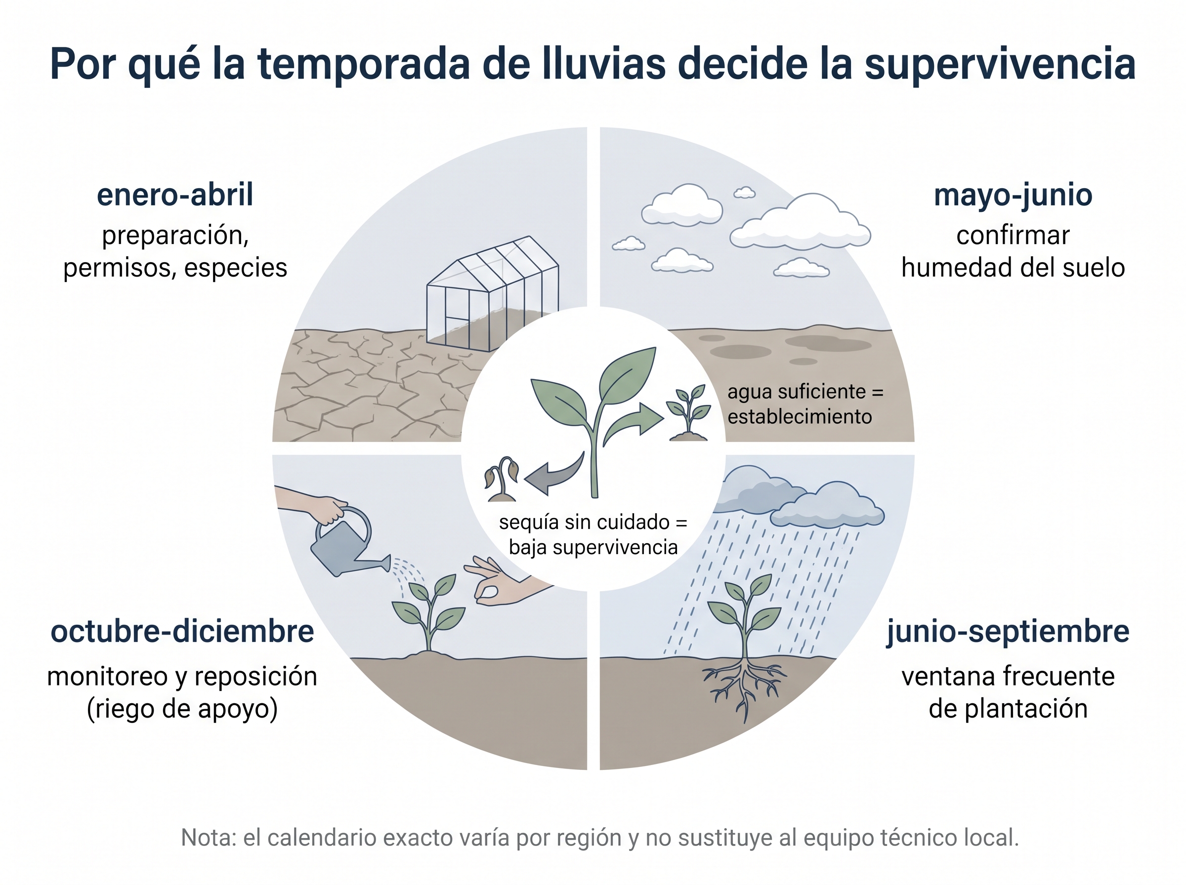 Diagrama circular del año que explica cómo la lluvia, el suelo y el mantenimiento determinan si un árbol sobrevive.