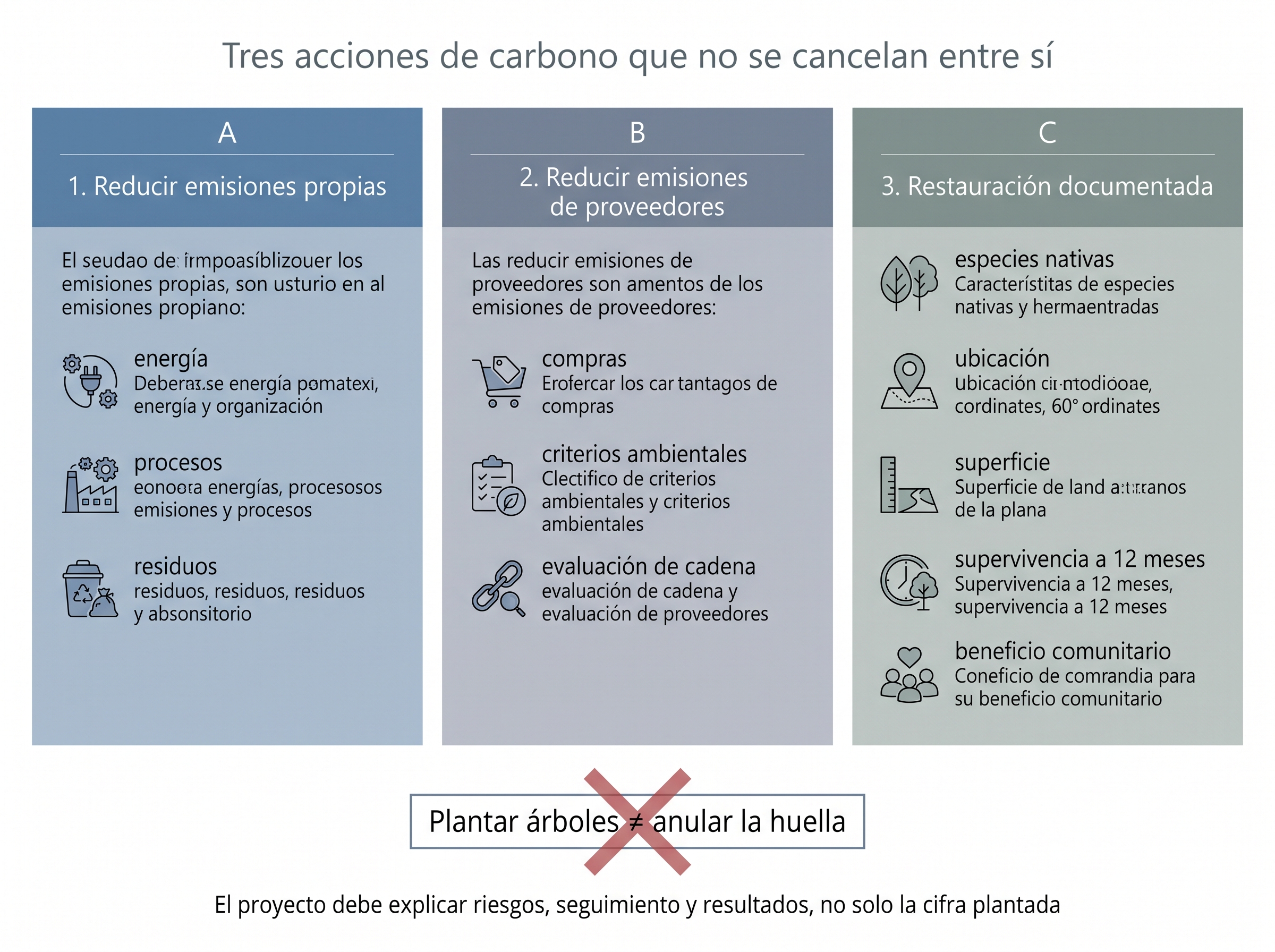 Tríptico que distingue reducir emisiones propias, reducir las de proveedores y restaurar con evidencia, y aclara que plantar no anula la huella.
