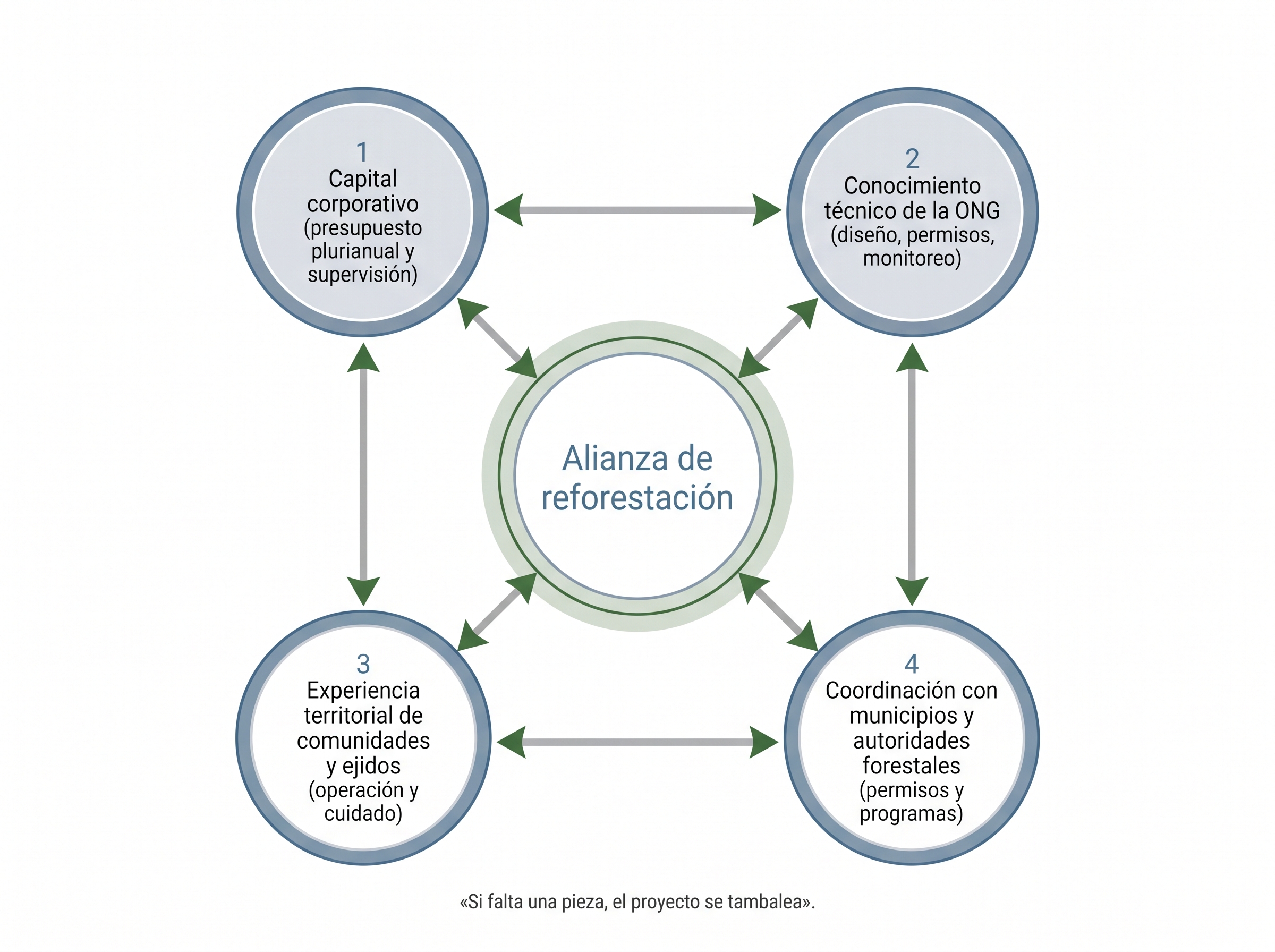 Diagrama de las cuatro piezas de una alianza empresarial de reforestación: empresa, ONG, comunidad y autoridades.