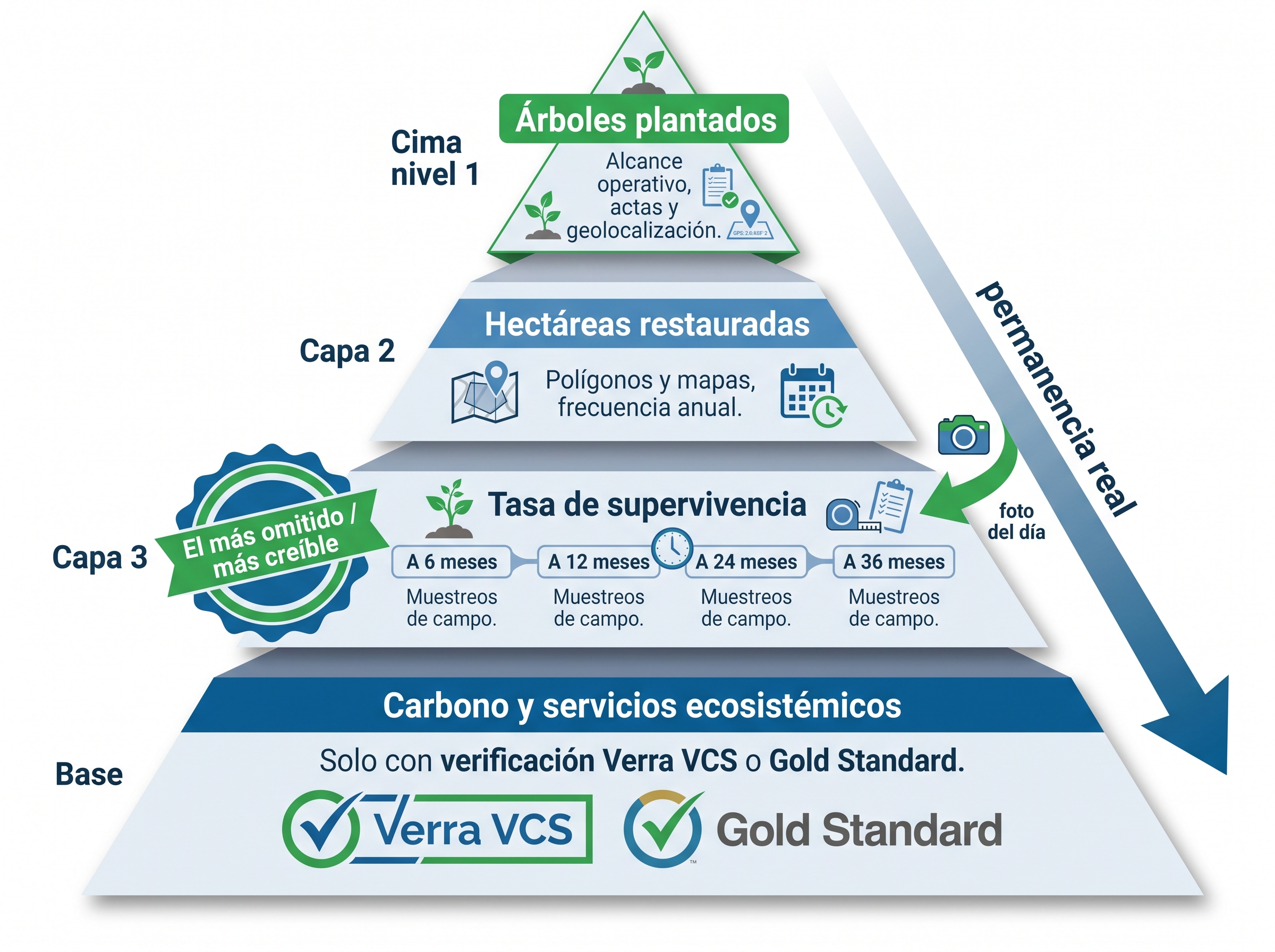 Infografía en capas que compara árboles plantados, hectáreas, supervivencia y carbono verificado.