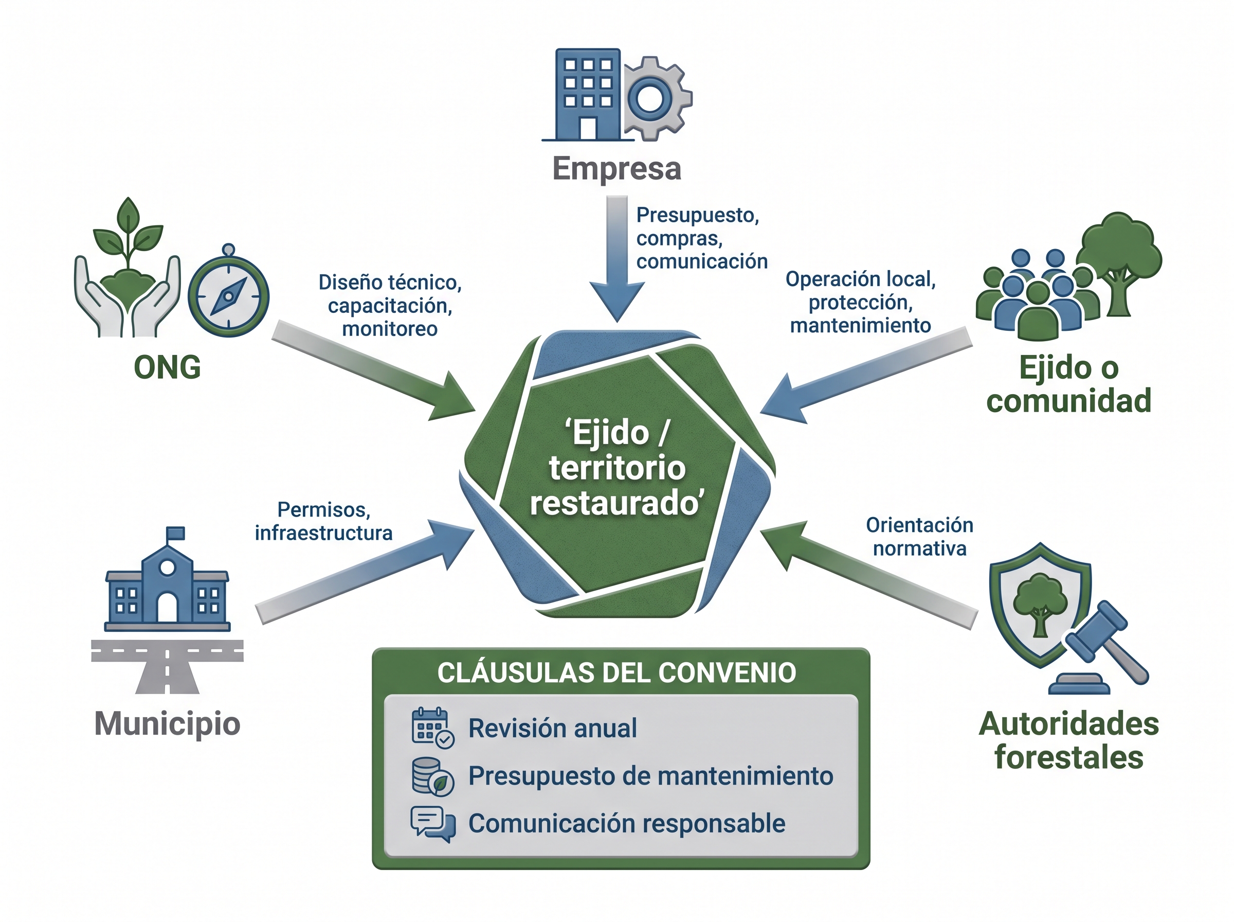 Mapa de coordinación entre empresa, ONG, ejido, municipio y autoridades forestales en un mismo territorio.