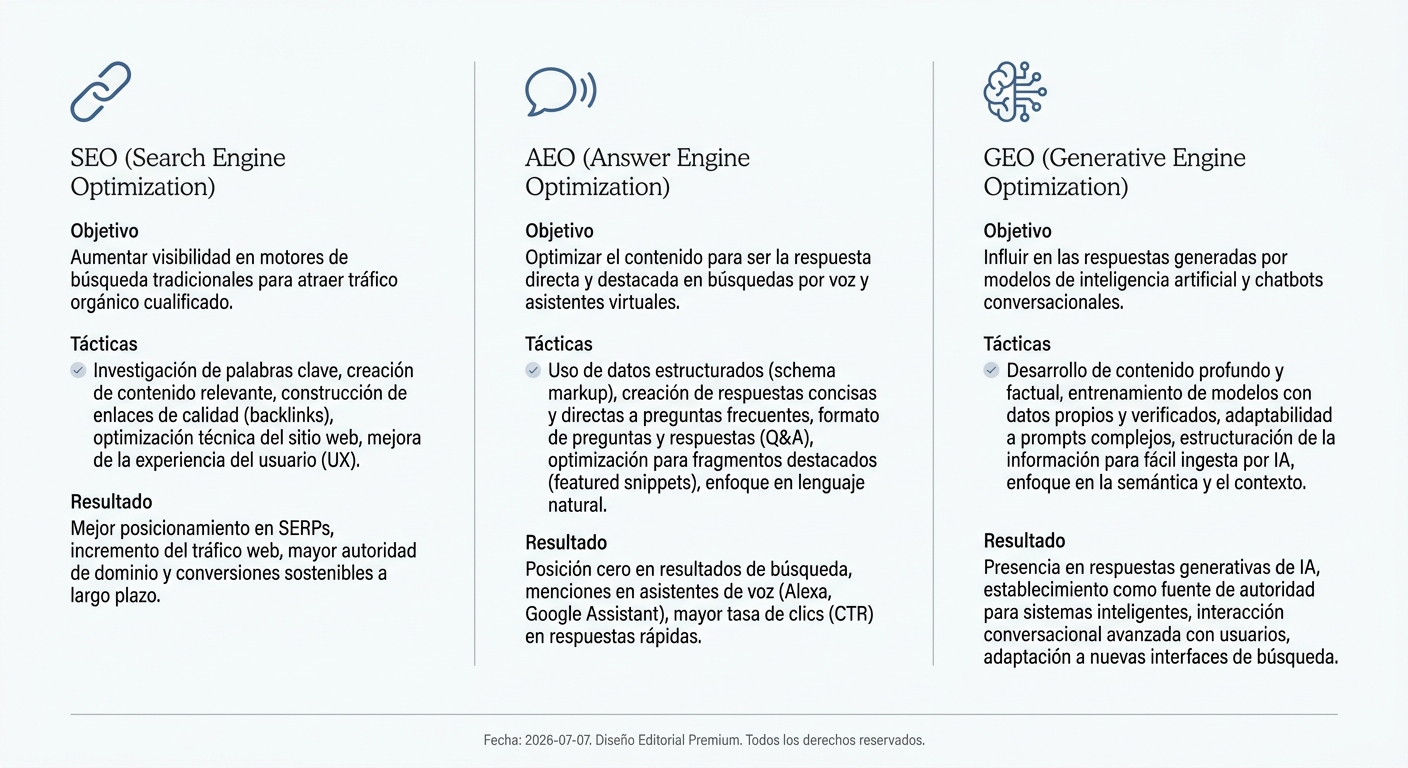 Infografía comparando SEO, AEO y GEO en términos de objetivo, tácticas y resultado final.